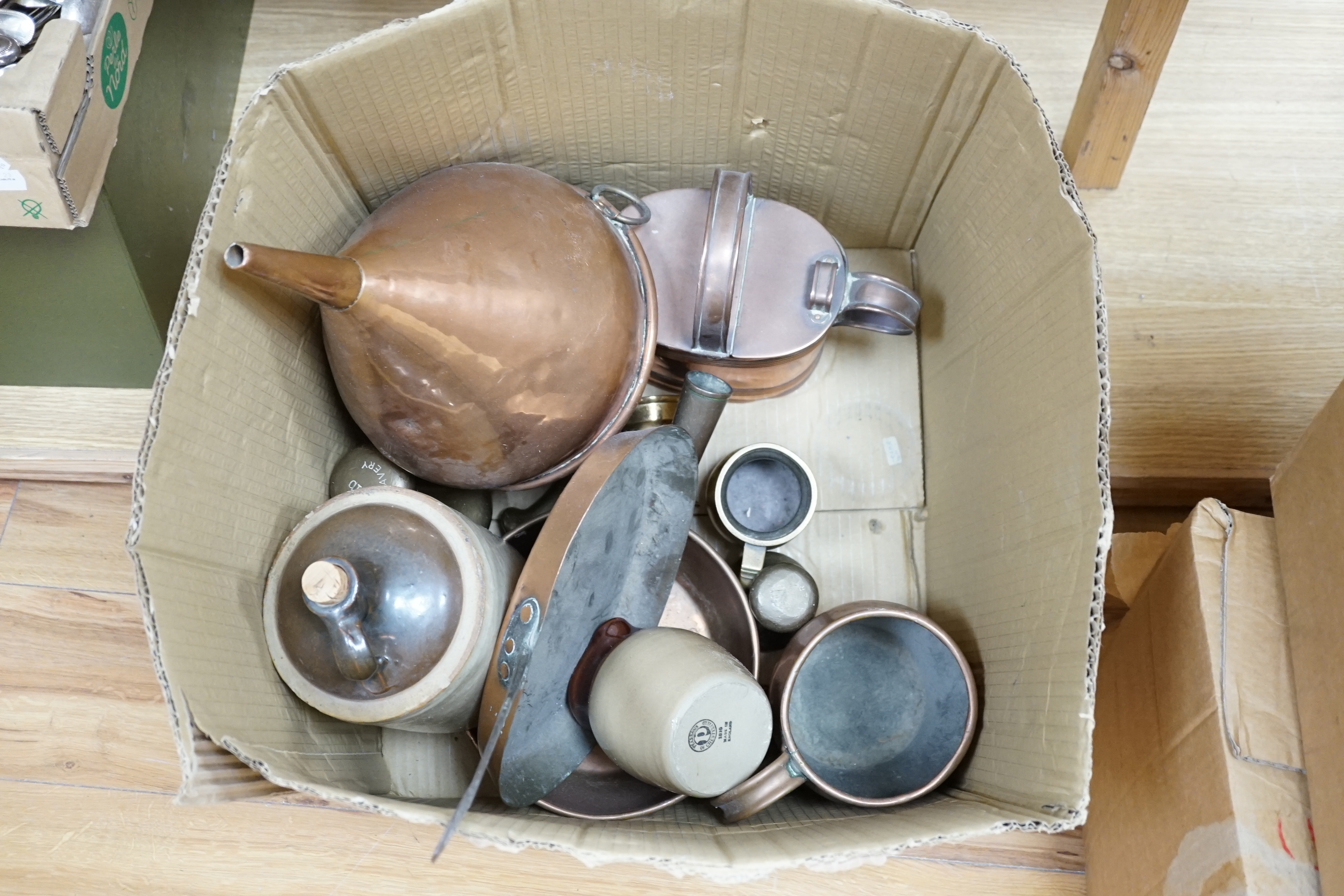 A group of 19th to early 20th century copper vessels, utensils and graduated brass weights (21)